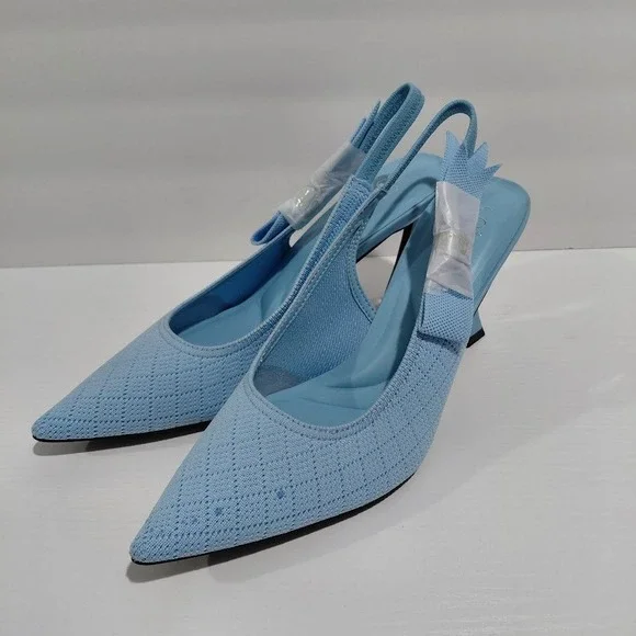 Cosy Island Light Blue Knit Pointed Toe Slingback Flared Heel Pumps Womens 9.5 - Picture 9 of 12